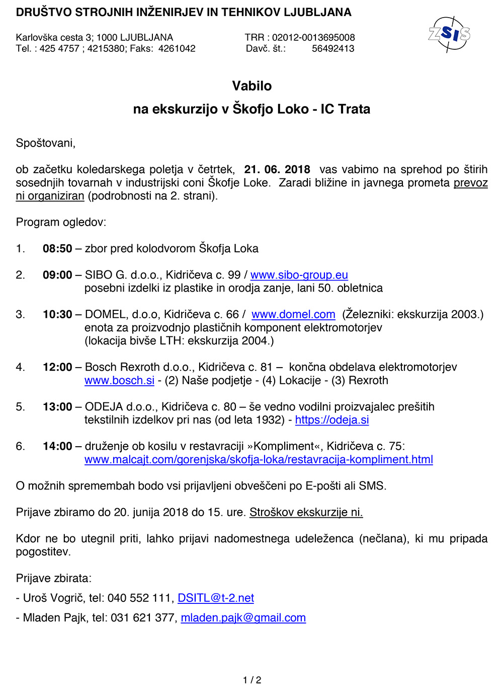 Vabilo na strokovno ekskurzijo DSIT LJ